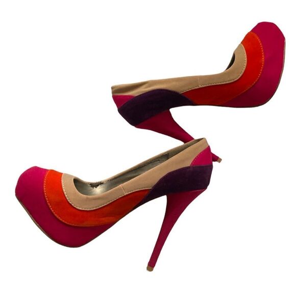 Psychedelic Stilettos Fuchsia Orange Purple Beige Pumps Velvet Heels - Picture 4 of 16